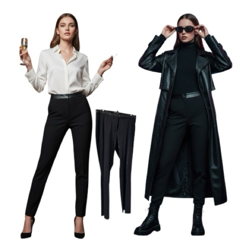 Kenneth Cole  Black Leather Trim Straight High Rise Slim Pants Tuxedo🤵🏻‍♀️Matrix